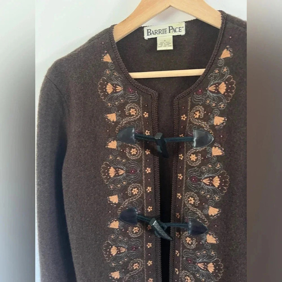 Barrie Pace Wool Brown Embroidered Toggle Button Long Sweater Jacket Small - Picture 4 of 11